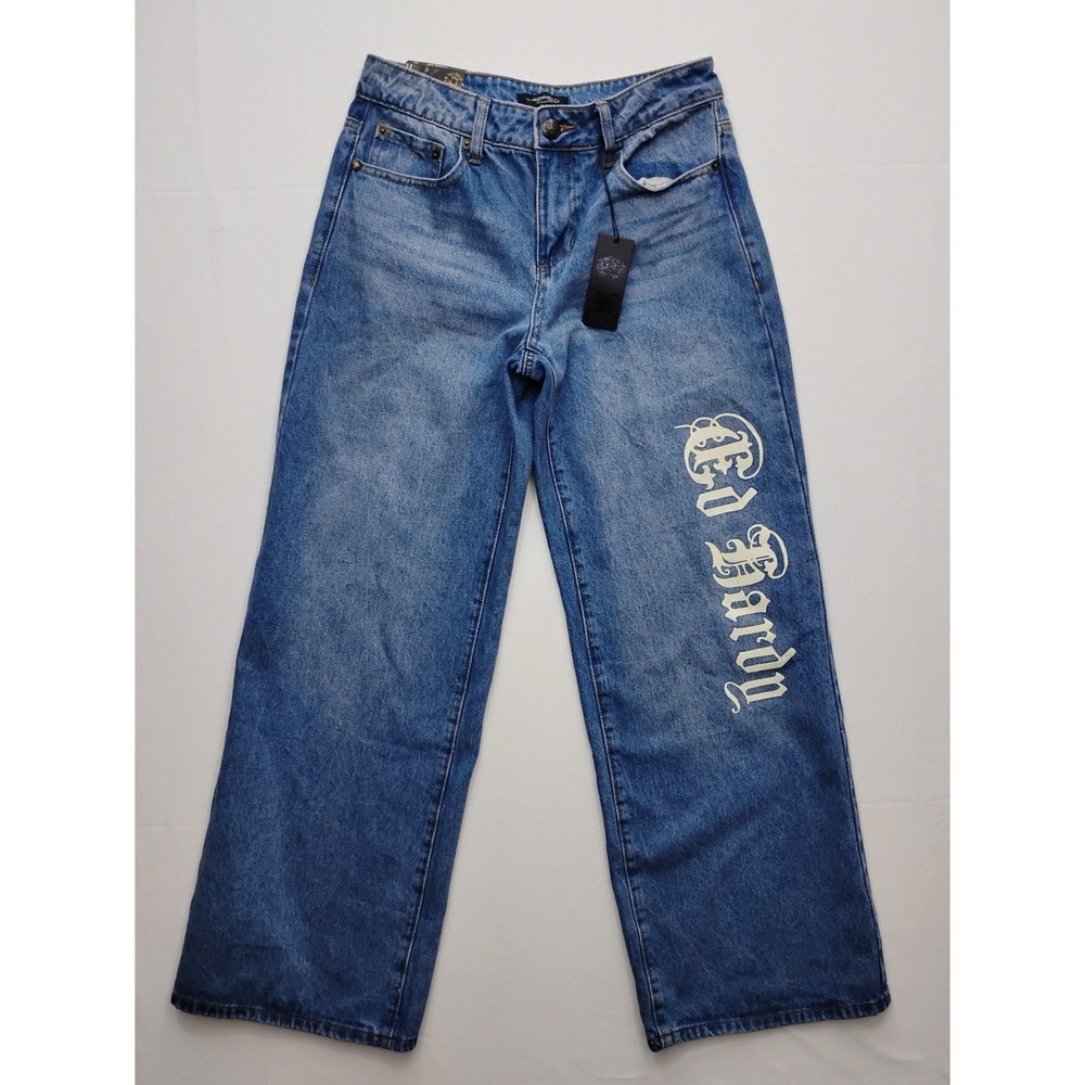 Ed Hardy Loose Fit Wide Leg Born Free Buckle Back Denim Jeans Size 26 fits 28x30